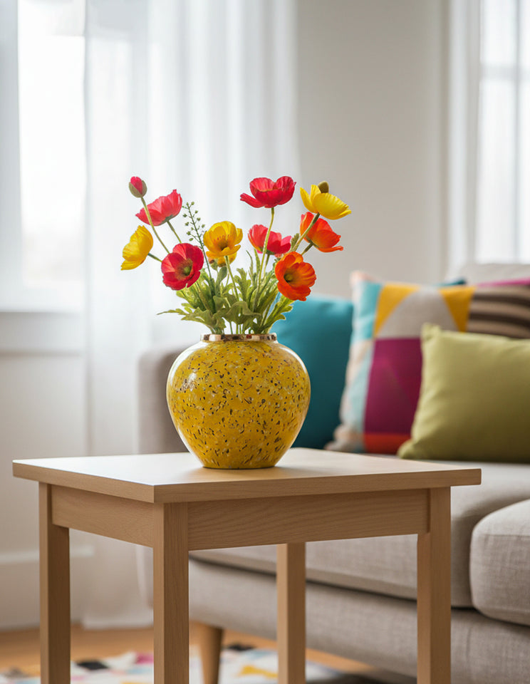 SOGA 21x22cm Yellow with White Mini Floral Small Ceramic Flower Vase Elegant Living Room Home Decor