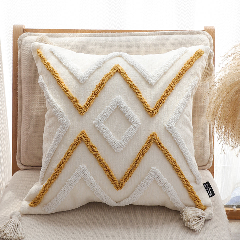 SOGA 2X Boho Tufted Cushion 45cm Tassel Beige Yellow Geometric Chevron Throw Pillow