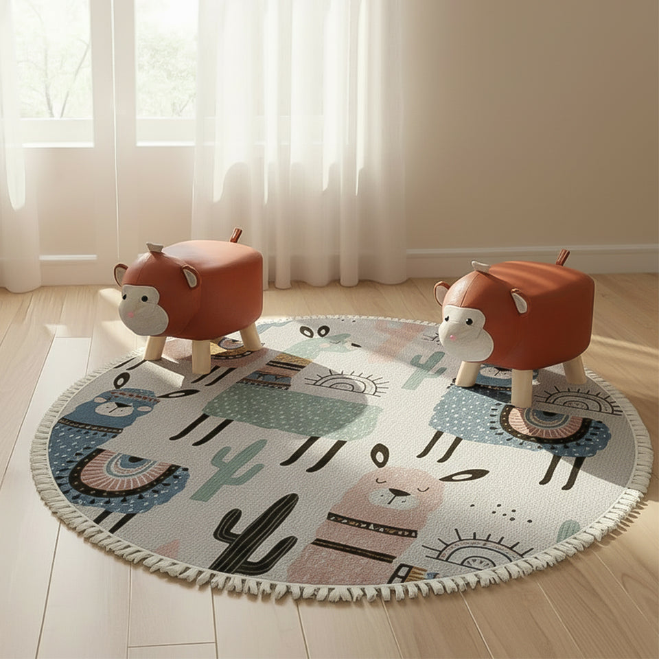 SOGA Home & Living Bundle – 2 Orange Monkey Children’s Ottoman & Alpaca Cactus Pattern Rug
