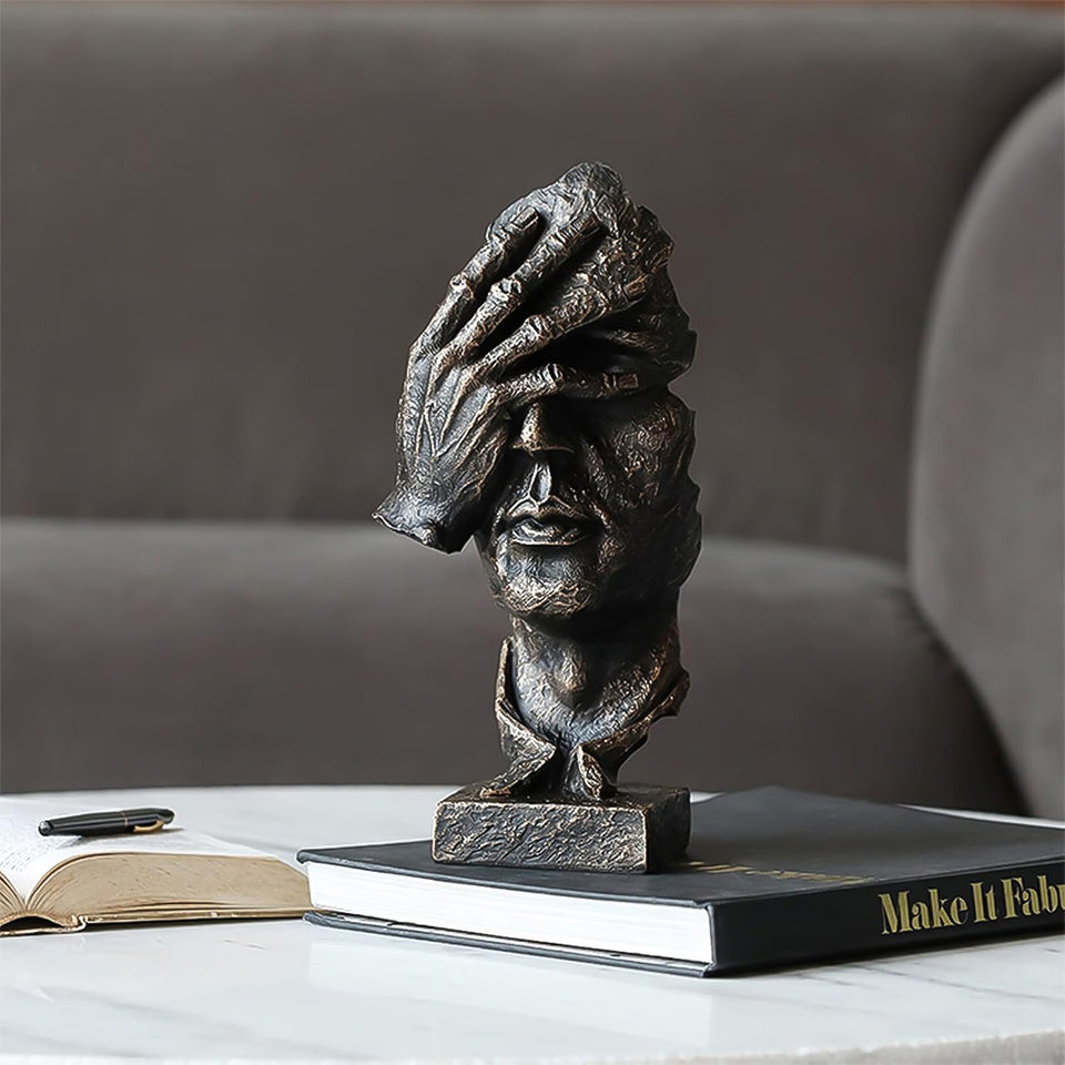 SOGA 30cm Black Resin Sculpture Covered Eyes Face Design Modern Art for Home Decor