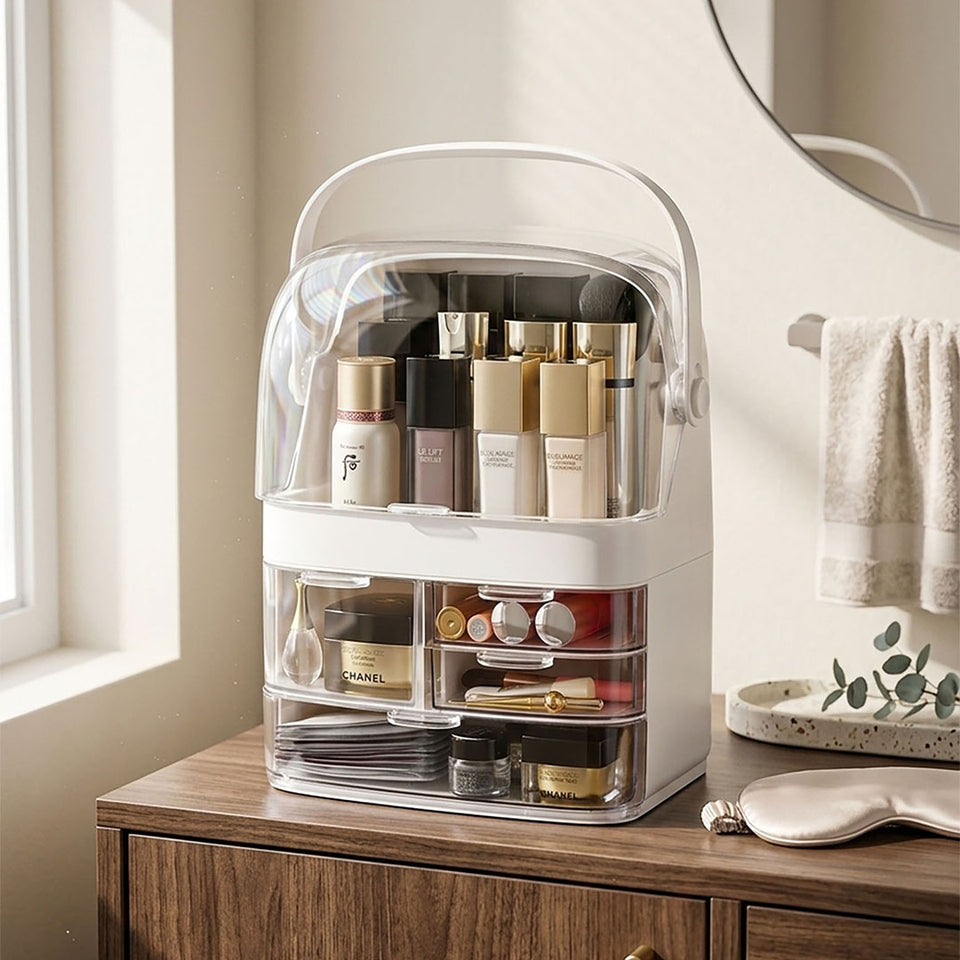 SOGA 3 Tier White Countertop Makeup Cosmetic Storage Organiser Skincare Holder Jewelry Storage Box with Handle