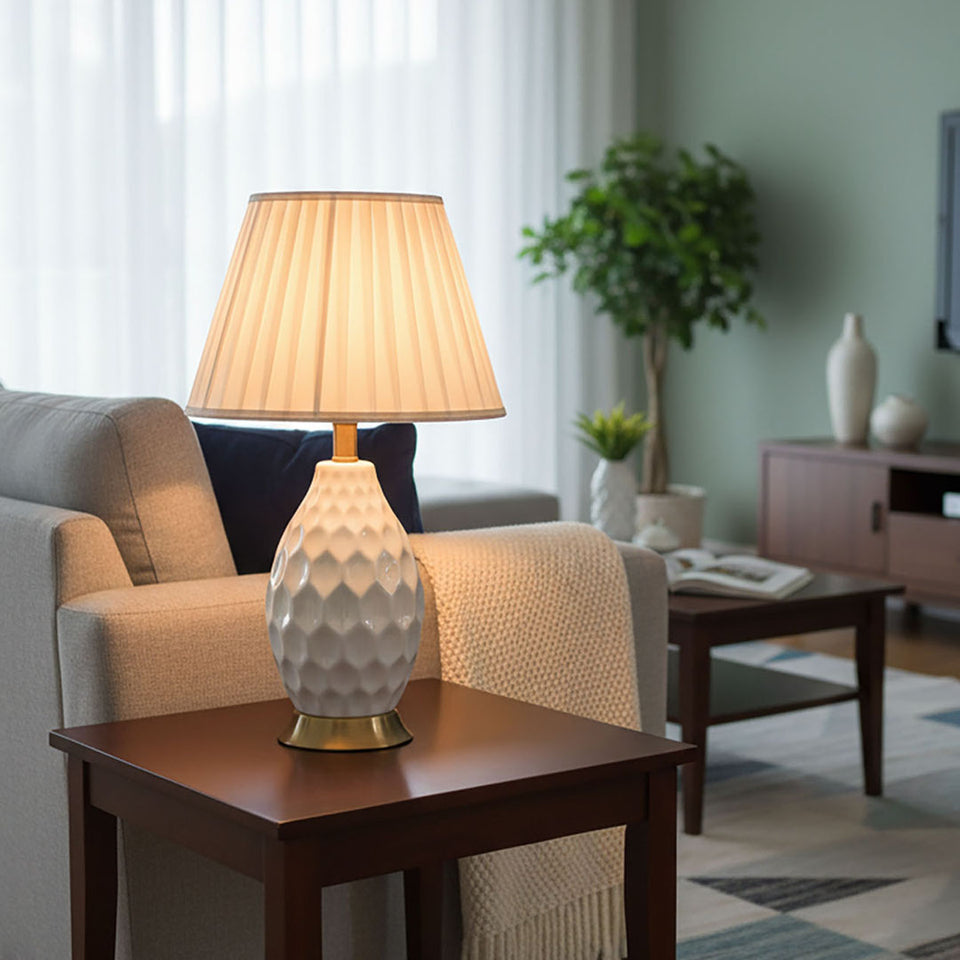 SOGA Textured Ceramic Oval Table Lamp with Gold Metal Base White