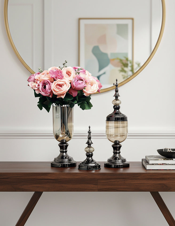 SOGA 2 x Clear Glass Flower Vase with Lid and Pink Flower Filler Vase Black Set