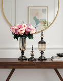 SOGA 2 x Clear Glass Flower Vase with Lid and Pink Flower Filler Vase Black Set