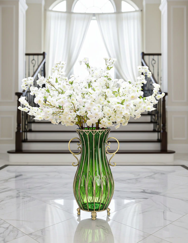 SOGA 51cm Green Glass Tall Floor Vase and 10pcs White Artificial Fake Flower Set
