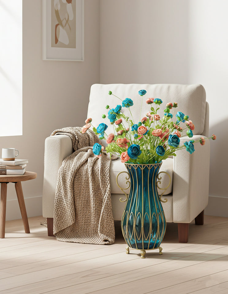 SOGA 51cm Blue Glass Tall Floor Vase with 12pcs Artificial Fake Flower Set