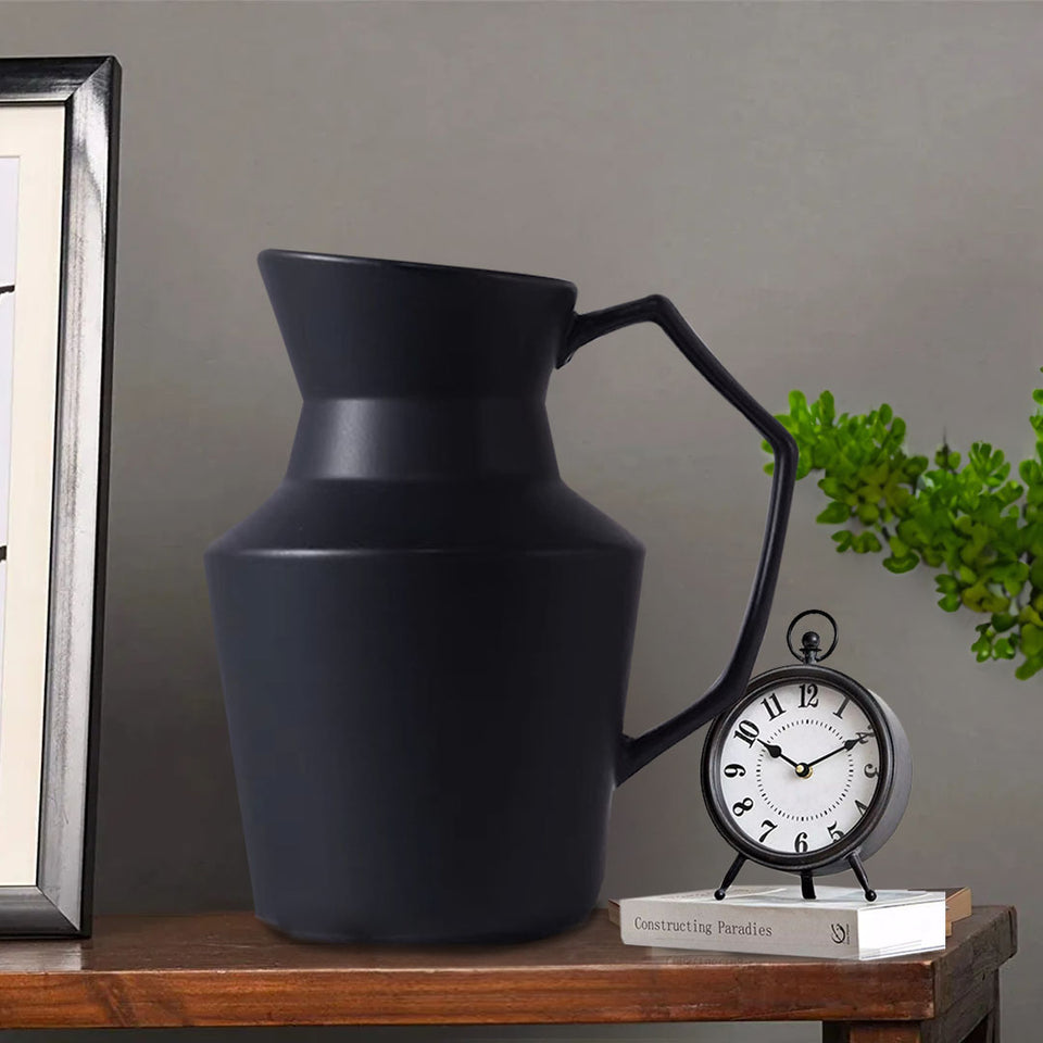 SOGA 23.5x19.5cm Ornament Black Modern Vase Pitcher with Angular Handle Sleek Minimalist for Home Decor
