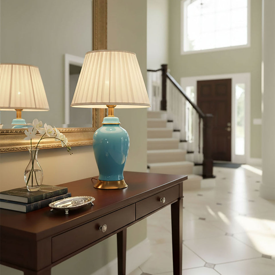 SOGA Ceramic Oval Table Lamp with Gold Metal Base Desk Lamp Blue