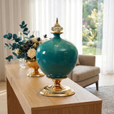 SOGA 2x 38cm Ceramic Oval Flower Vase with Gold Metal Base Green