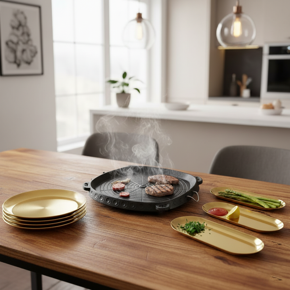 SOGA Kitchenware Bundle – Square Portable Korean BBQ Stove, Gold Grilling Plate & Nordic Plate Set