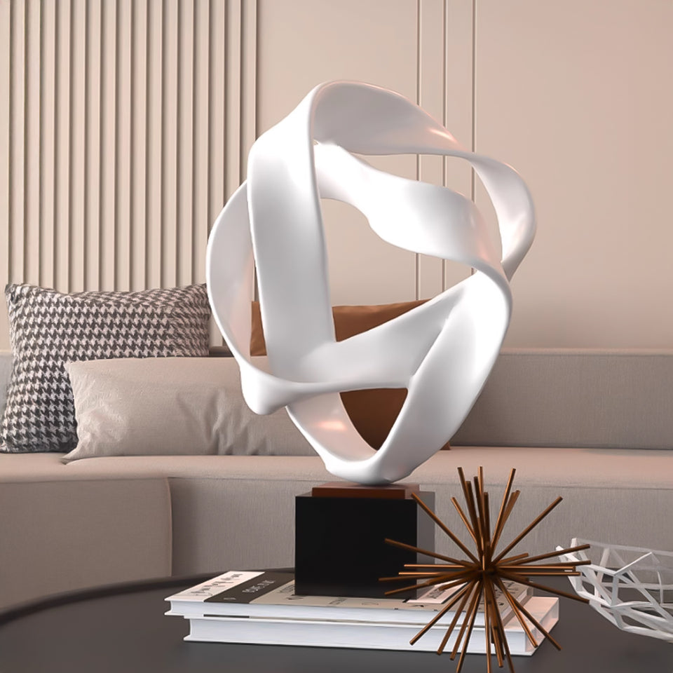 SOGA 41cm White Abstract Sculpture Loop-Inspired Art with Black Base for Home Decor