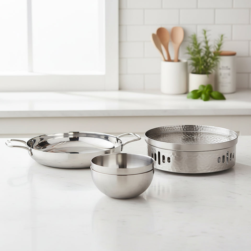 SOGA Kitchenware Bundle – Silver Dry Pots & Elegant Salad Bowl for Essential Kitchen Use