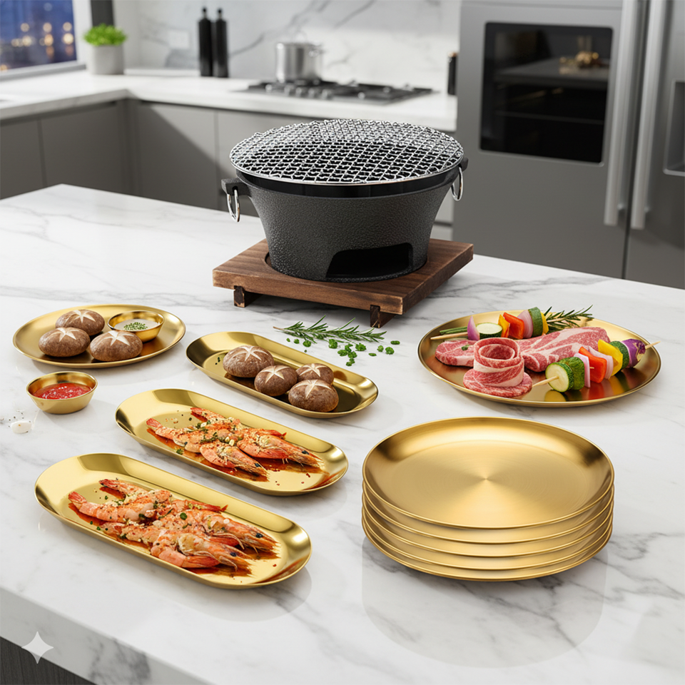 SOGA Kitchenware Bundle – Gold Nordic Plate Set, 23cm Grilling Plate & Cast Iron BBQ Grill