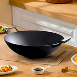 SOGA 2X 32cm Commercial Cast Iron Wok FryPan with Wooden Lid Fry Pan