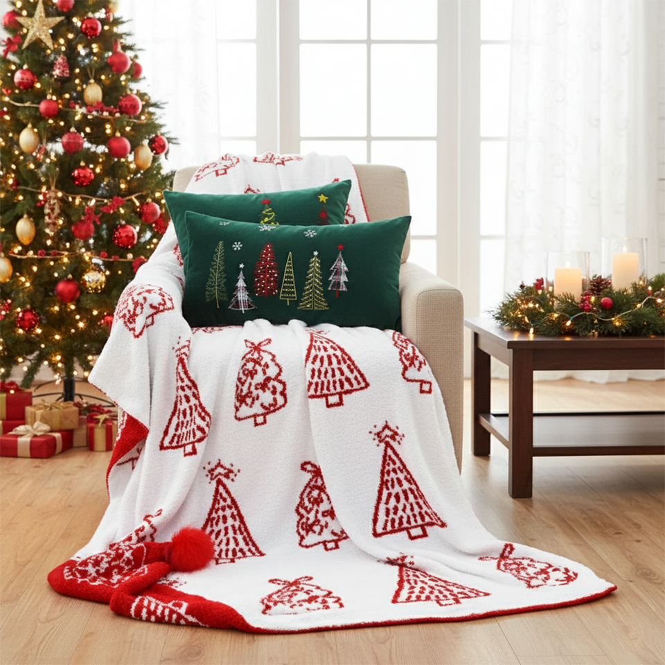 SOGA Christmas Bundle – Red Christmas Tree Fleece Throw & Green Embroidered Holiday Pillows