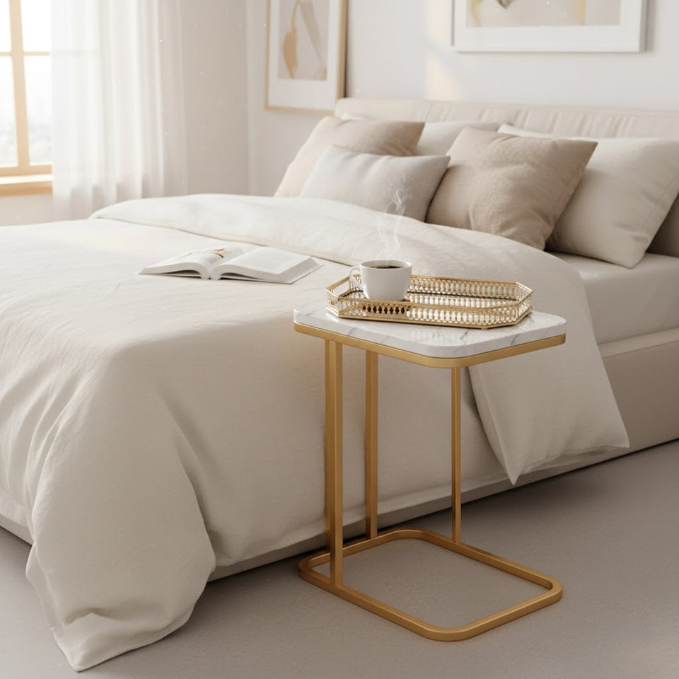 SOGA Home & Living Bundle – White Stone Side Table & Gold Mirror Tray Organizer for Home
