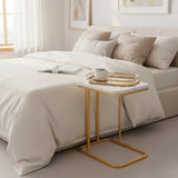 SOGA Home & Living Bundle – White Stone Side Table & Gold Mirror Tray Organizer for Home