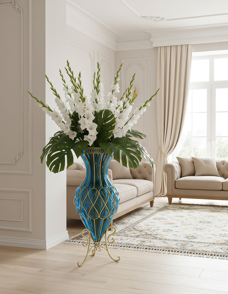 SOGA 67cm Blue Glass Tall Floor Vase with Metal Flower Stand