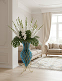 SOGA 67cm Blue Glass Tall Floor Vase with Metal Flower Stand