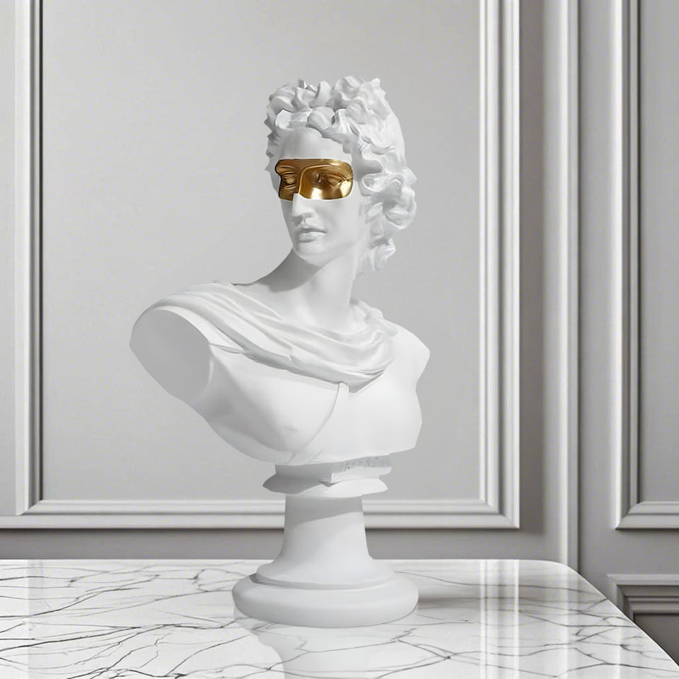 SOGA 40cm White Classical Bust Resin Sculpture with Gold Eye Mask for Modern Home Decor
