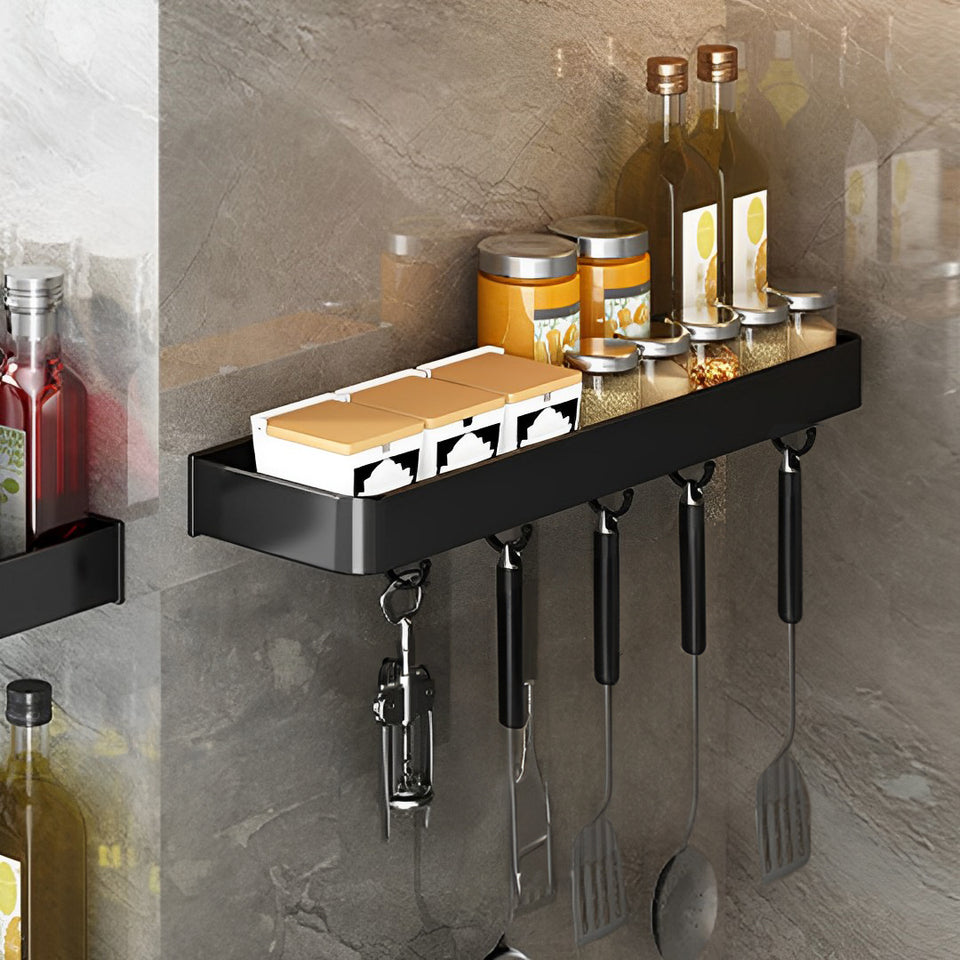 SOGA 50cm Black Wall-Mounted Rectangular Kitchen Spice Storage Organiser Space Saving Condiments Shelf Rack with Hooks