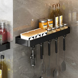 SOGA 50cm Black Wall-Mounted Rectangular Kitchen Spice Storage Organiser Space Saving Condiments Shelf Rack with Hooks