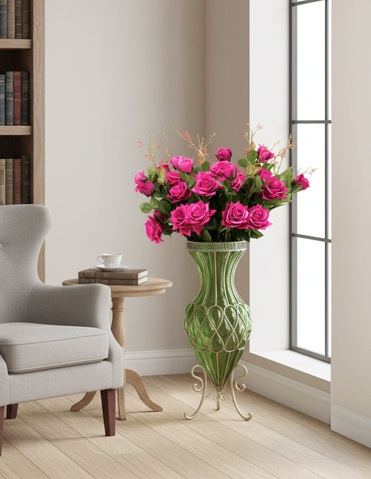 SOGA 67cm Green Glass Tall Floor Vase and 12pcs Dark Pink Artificial Fake Flower Set