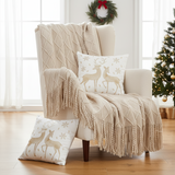 SOGA Christmas Bundle – 2 White Gold Reindeer Throw Pillows & Beige Diamond Throw Blanket