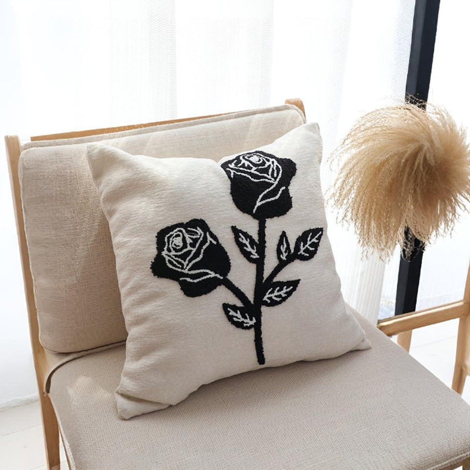 SOGA 2X 45cm White Black Rose Floral Embroidered Throw Pillow
