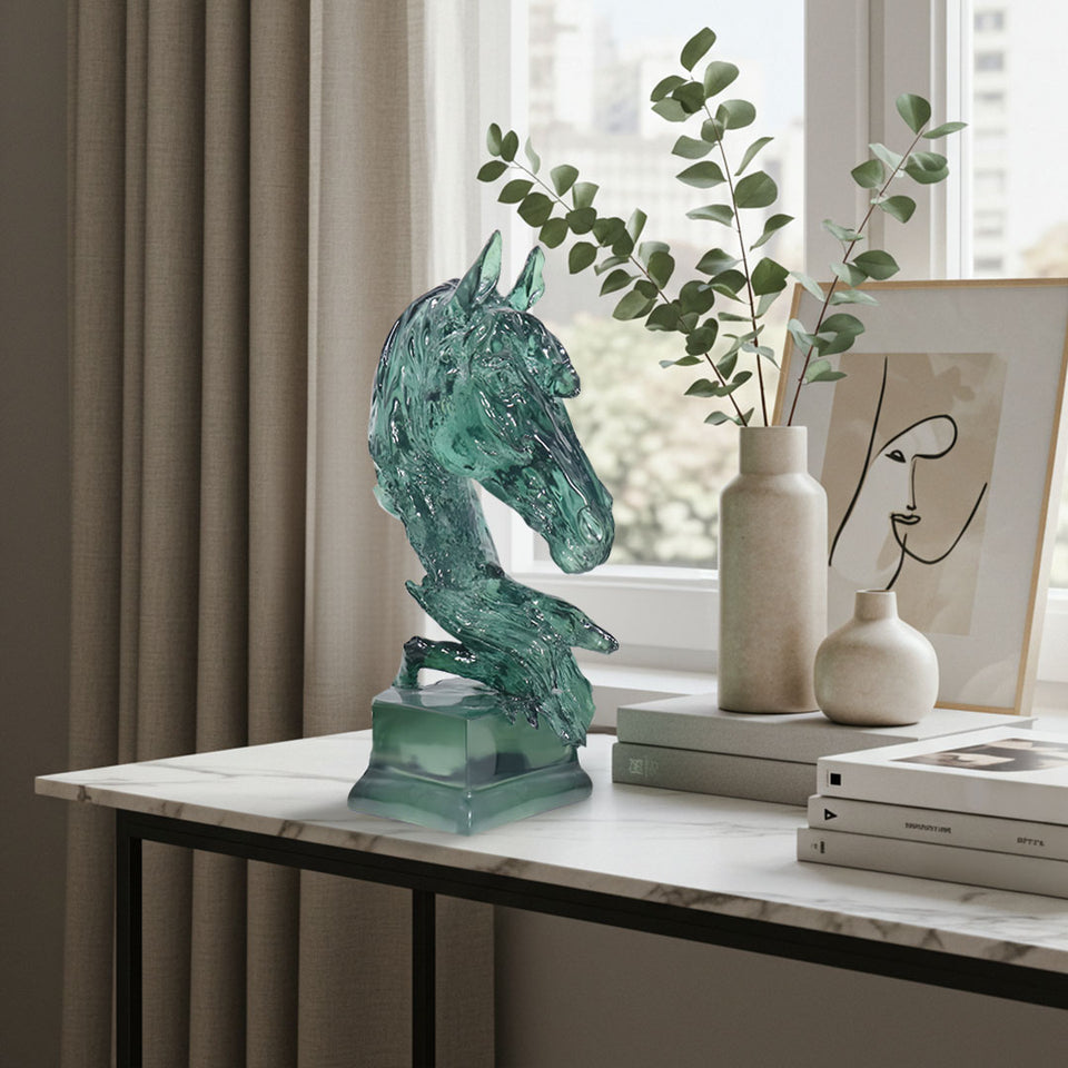 SOGA 37cm Green Horse Head Resin Sculpture Flowing Mane Design Modern Art for Home Decor