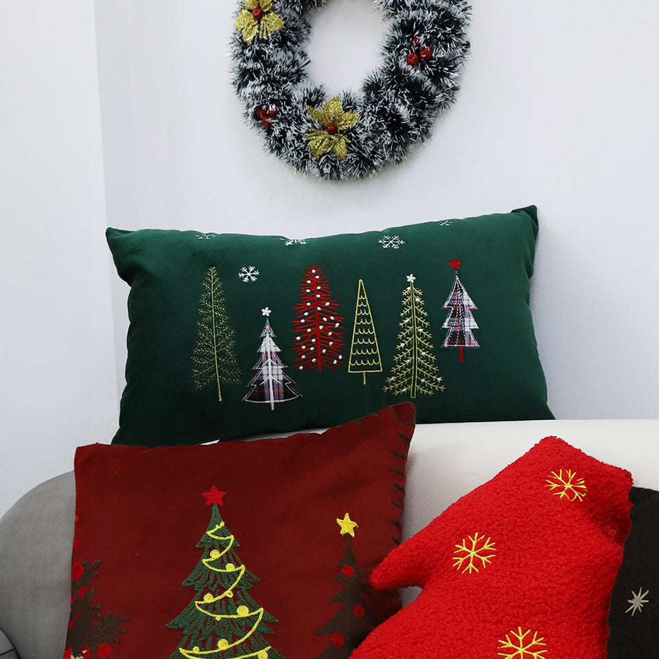 SOGA 2-Pack 30cm Dark Green Christmas Forest Embroidered Lumbar Pillows