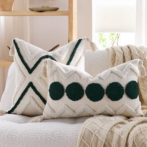 SOGA 2X 30cm Cream Green Circle Pom Chevron Tassel Decorative Pillow