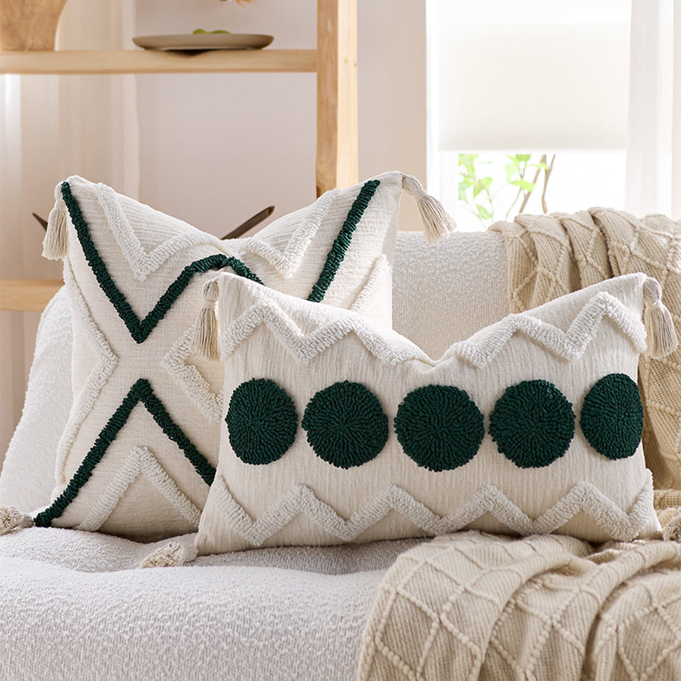 SOGA 2X 30cm Cream Green Circle Pom Chevron Tassel Decorative Pillow
