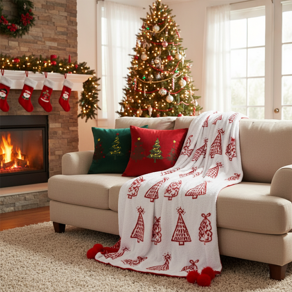 SOGA Christmas Bundle – Green & Burgundy Embroidered Tree Pillows & Red Holiday Throw Blanket