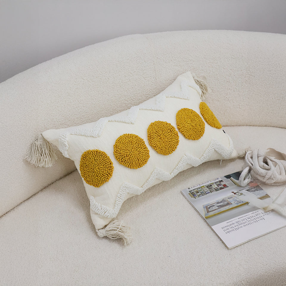 SOGA 2X 30cm Cream Yellow Circle Pom Chevron Tassel Decorative Pillow