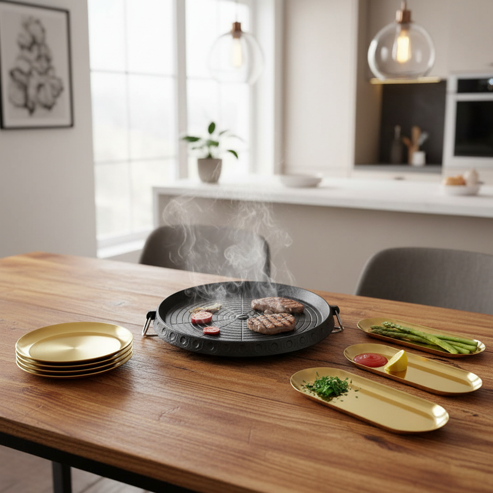 SOGA Kitchenware Bundle – Round Portable Korean BBQ Stove, Gold Grilling Plate & Nordic Plate Set