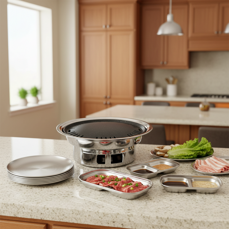 SOGA Kitchenware Bundle – Silver Grilling Plate, Divided Sauce Pan & Portable Charcoal BBQ Grill