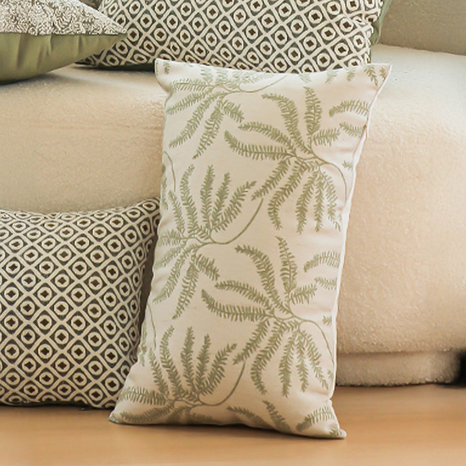 SOGA 35cm Botanical Green Fern Leaf Embroidered Decorative Throw Pillow