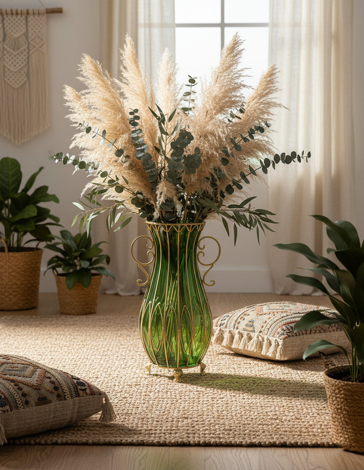 SOGA 51cm Green Glass Oval Floor Vase with Metal Flower Stand