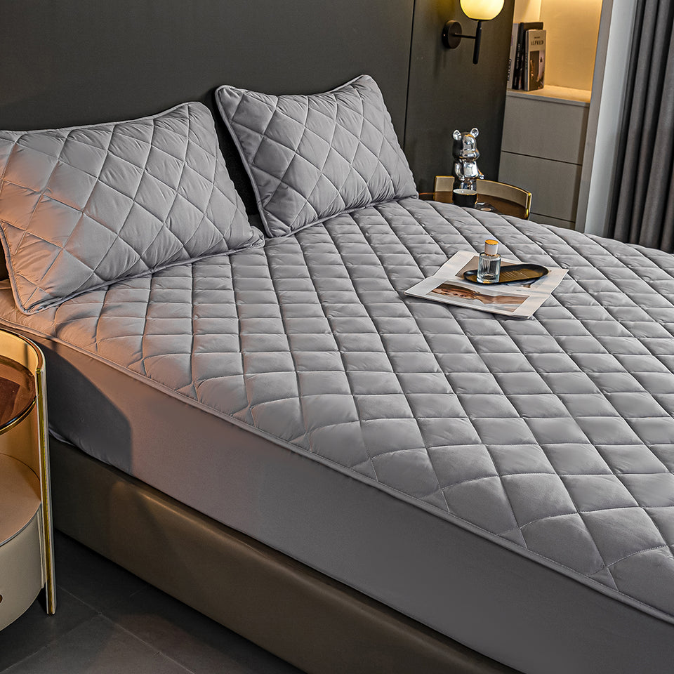 SOGA 2X Grey 138cm Wide Cross-Hatch Mattress Cover Thick Quilted Stretchable Bed Spread Sheet Protector with Pillow Covers