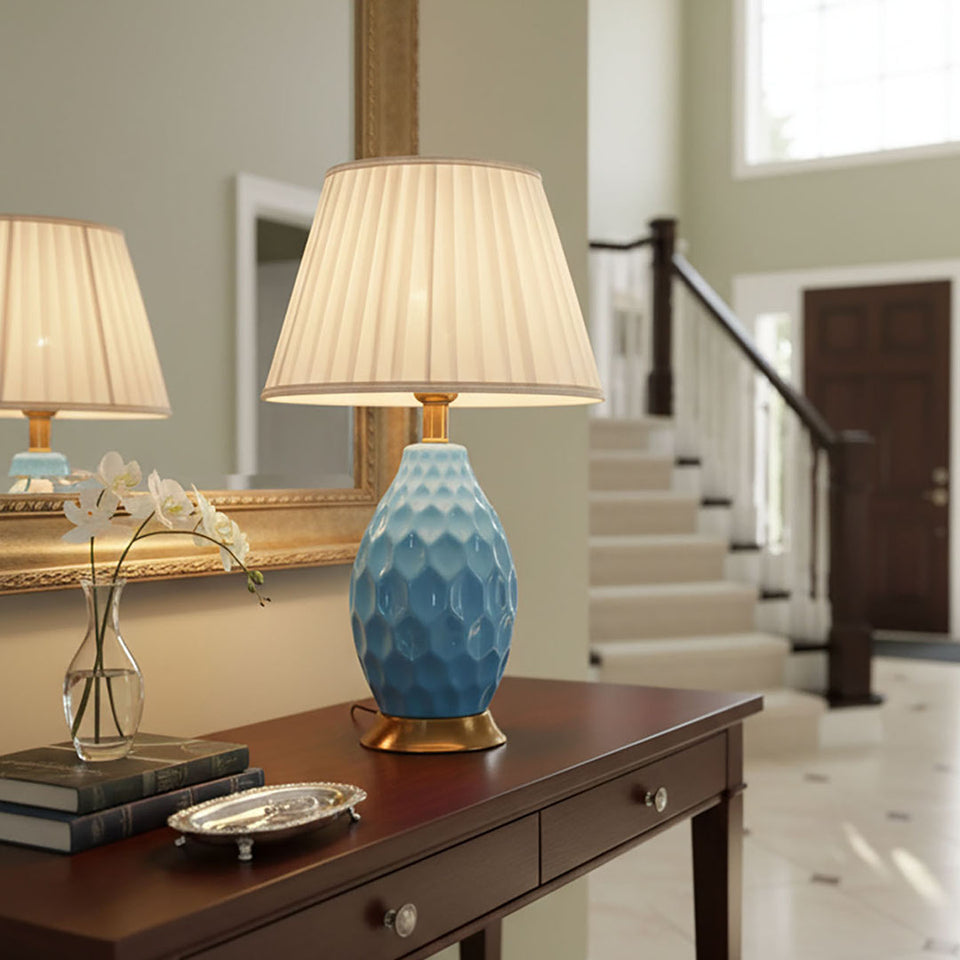 SOGA 2X Textured Ceramic Oval Table Lamp with Gold Metal Base Blue
