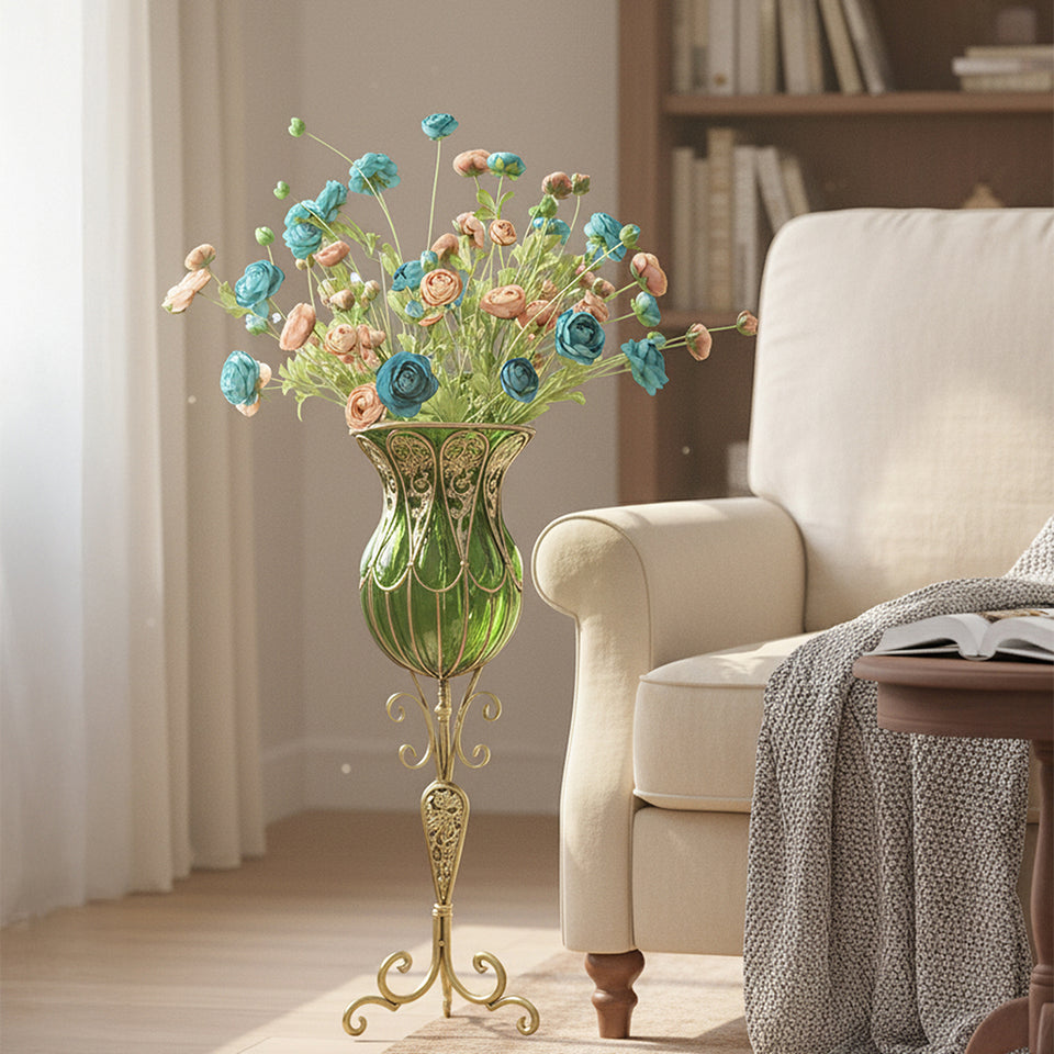 SOGA 85cm Green Glass Tall Floor Vase and 12pcs Blue Artificial Fake Flower Set