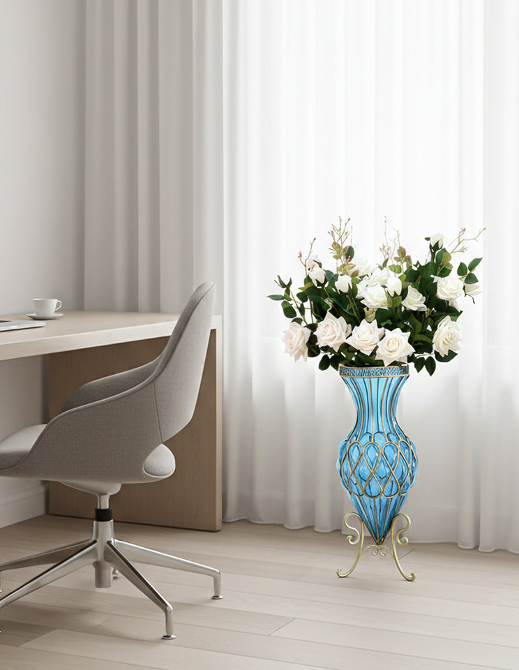 SOGA 67cm Blue Glass Tall Floor Vase and 12pcs White Artificial Fake Flower Set