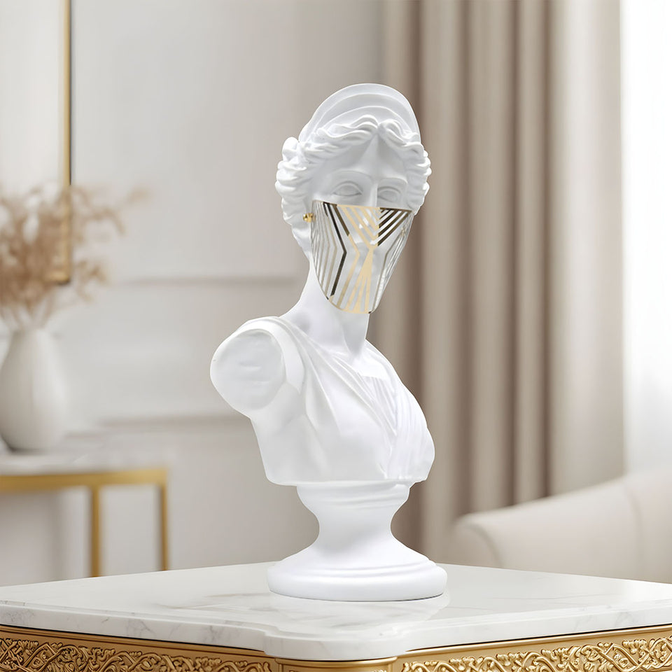 SOGA 40cm White Classical Bust Sculpture Resin with Gold Striped Mask for Modern Home Decor