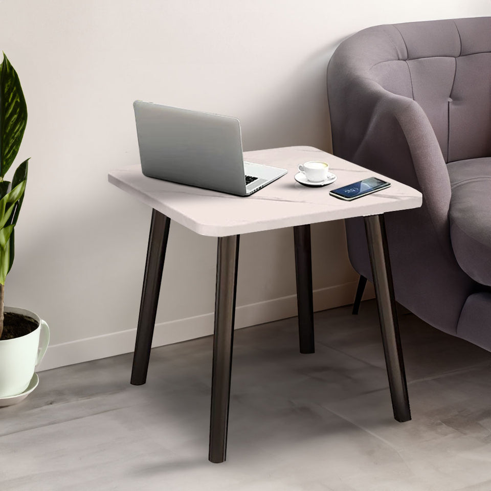 SOGA 2X 40cm White Stone-Patterned Table Compact Modern Design with Black Metal Legs