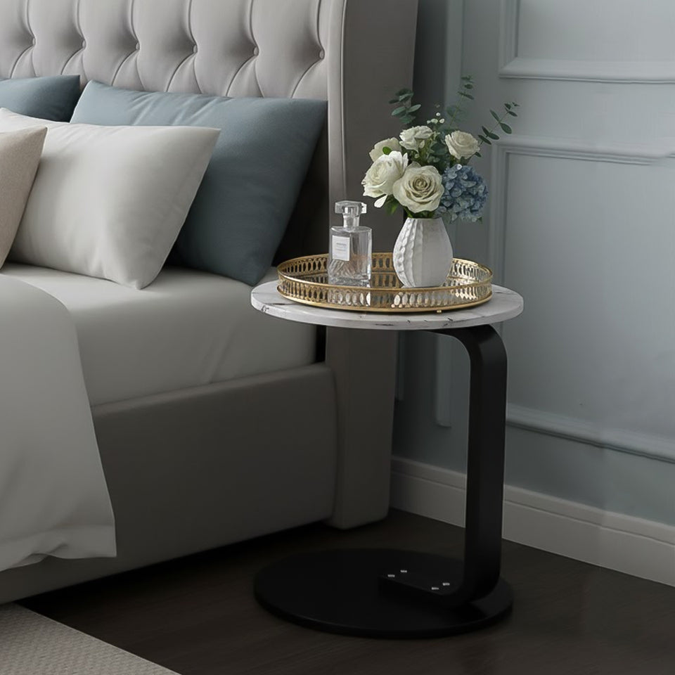 SOGA Home & Living Bundle – White Marble Mini Side Table & Gold Round Mirror Tray Organizer