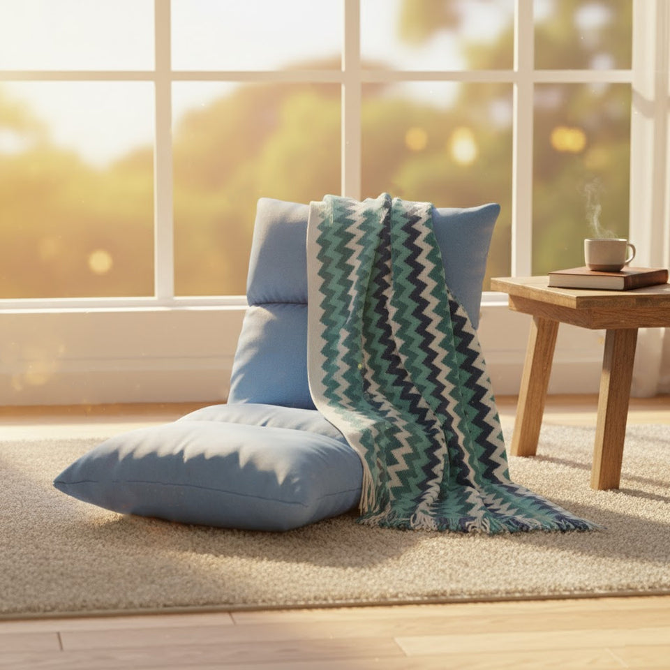 SOGA Home & Living Bundle – Blue Zigzag Knitted Throw Blanket & Blue Adjustable Floor Recliner