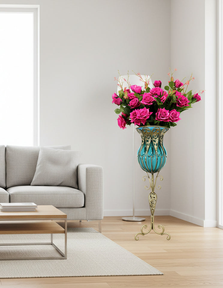 SOGA 85cm Blue Glass Tall Floor Vase and 12pcs Dark Pink Artificial Fake Flower Set