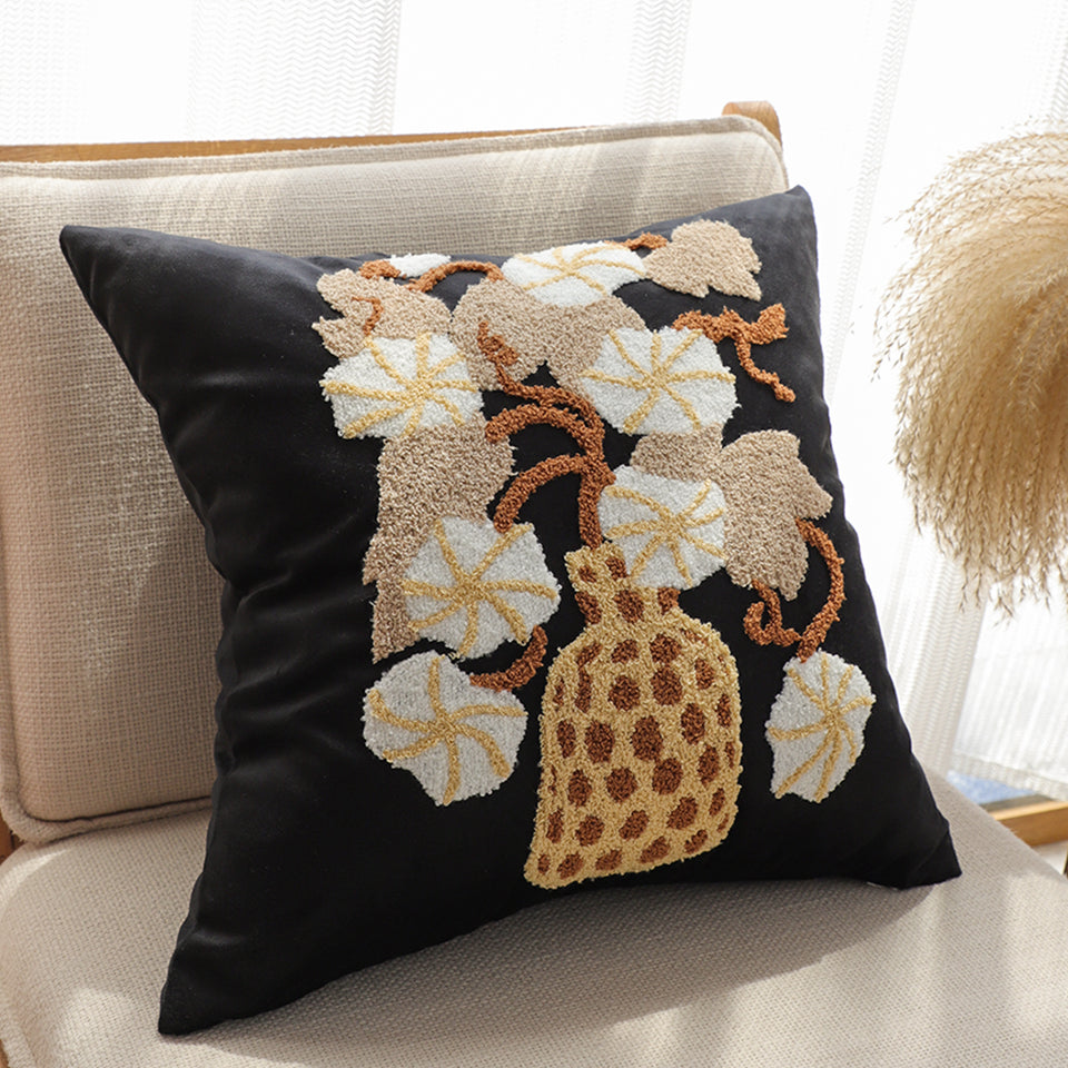 SOGA 2X 45cm Black Gold Wicker Basket Floral Embroidered Throw Pillow