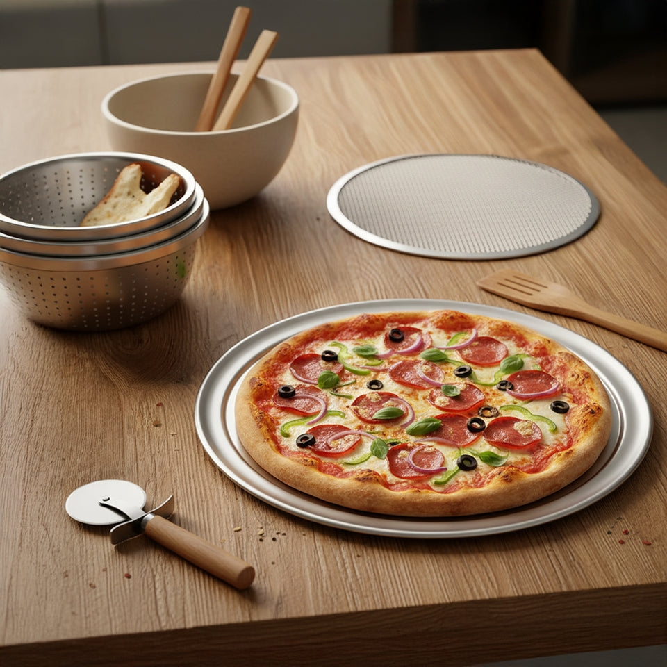 SOGA Kitchenware Bundle – Pizza Pans, Aluminum Baking Tray & Stainless Steel Colander Set